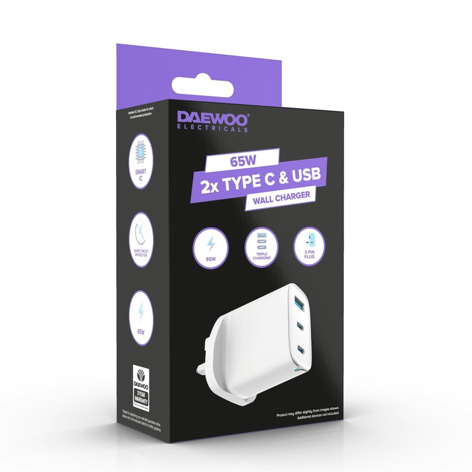 image 1 of Daewoo 3-in-1 65W Wall Adapter Fast Charger Plug with USB Type C & A Adaptor