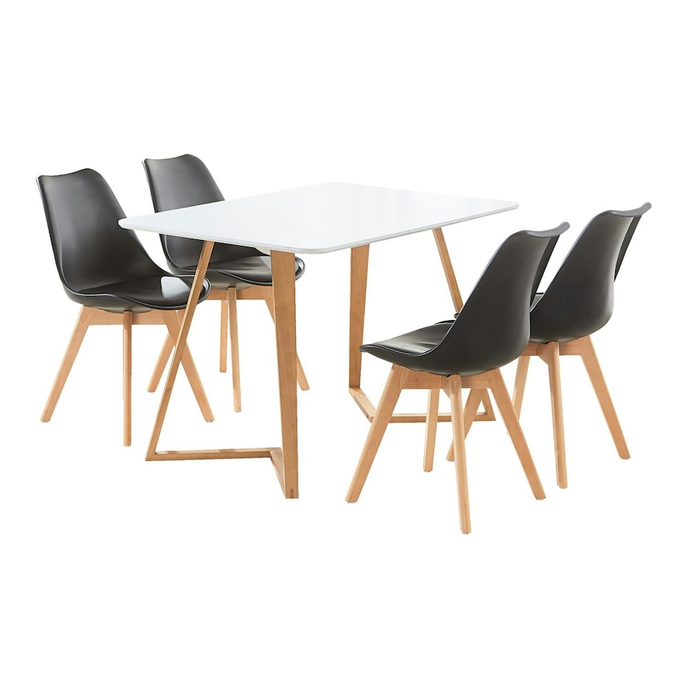 image 1 of 5PCs Dining Set - a White Dallas Dining Table & Set of 4 Lorenzo Tulip Chairs with Padded Seat | Black