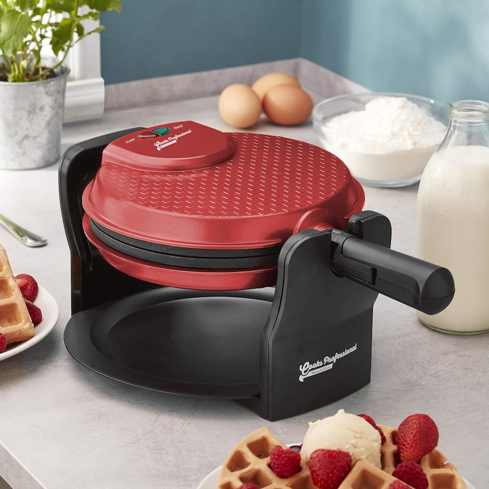 image 1 of Cooks Professional Rotary Belgian Waffle Maker Machine with Non-Stick Plates & Drip Tray | Red