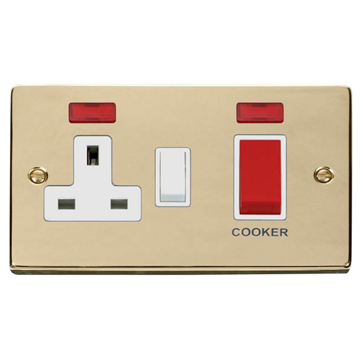 SE HOME Polished Brass Cooker Control 45A With 13A Switched Plug Socket & 2 Neons Gold Polished Brass
