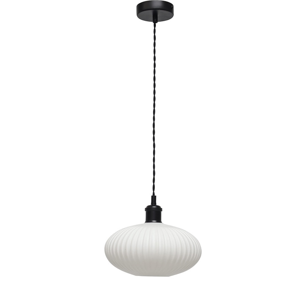 First Choice Lighting Baton - White Ribbed Oval Glass Black Retro Pendant Fitting