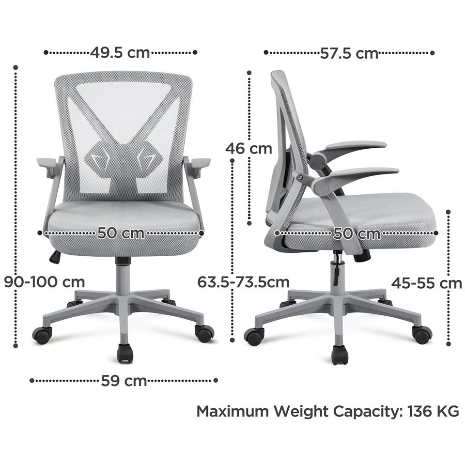 image 1 of Yaheetech Mesh Office Chair with 90° Flip-up Armrests | Grey | Full Grey