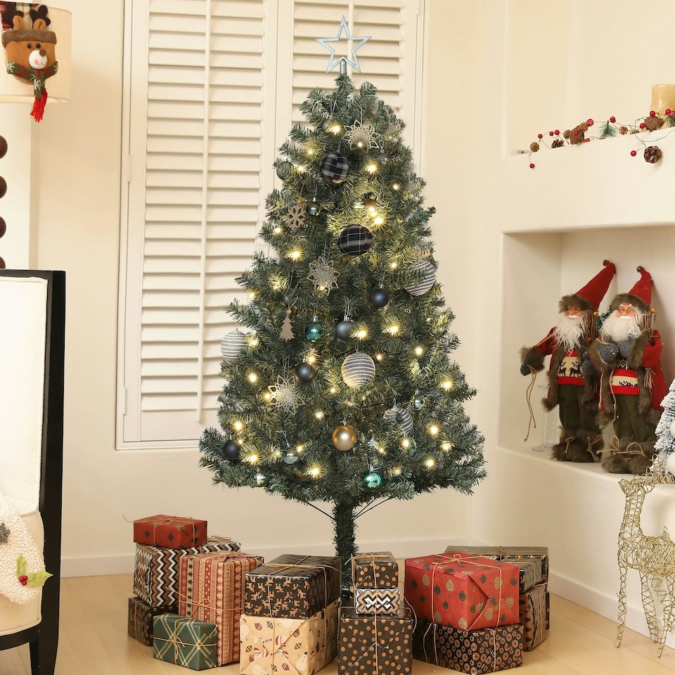 image 1 of HOMCOM 5ft Artificial Christmas Tree with LED Lights and Blue Decorations