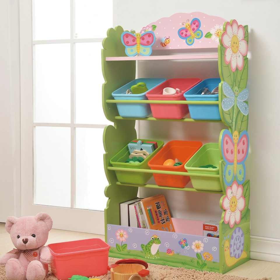 image 1 of Teamson Kids Magic Garden Kids Wooden Toy Organizer with Storage Bins, Pink/Green