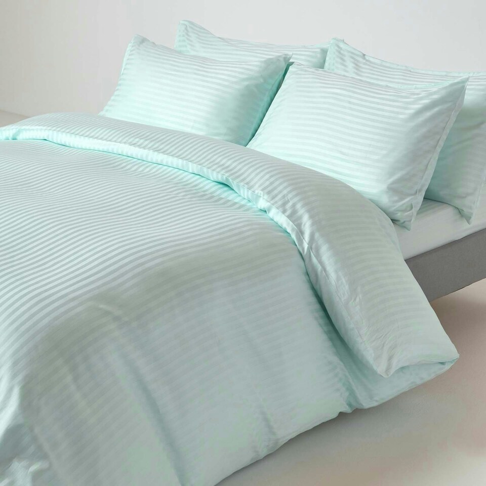 image 1 of Homescapes Blue Egyptian Cotton Satin Stripe Flat Sheet 330 TC, Double Blue | Double