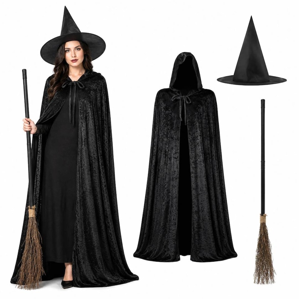 image 1 of Adult Witch Costume Set - Halloween Cape, Pointed Hat & Broomstick
