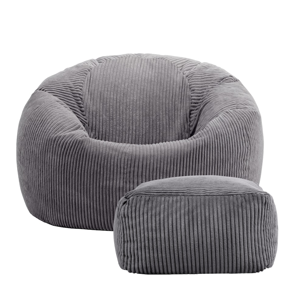 image 1 of Kingston Cord Adults Bean Bag Chair and Pouffe, Ready Filled Beanbag and Footstool Charcoal Grey | Grey | Charcoal Grey | 2