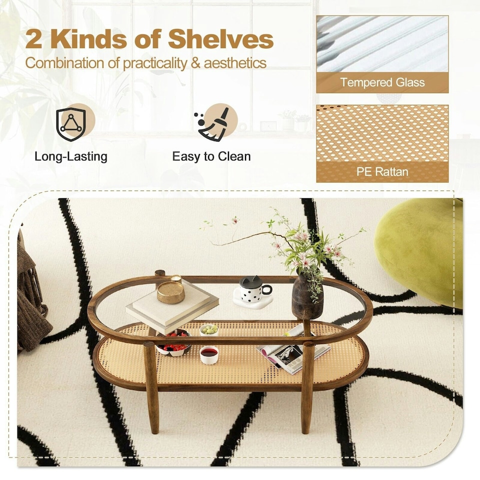 image 1 of COSTWAY 2-Tier Coffee Table Rattan Center Cocktail Tea Table Brown