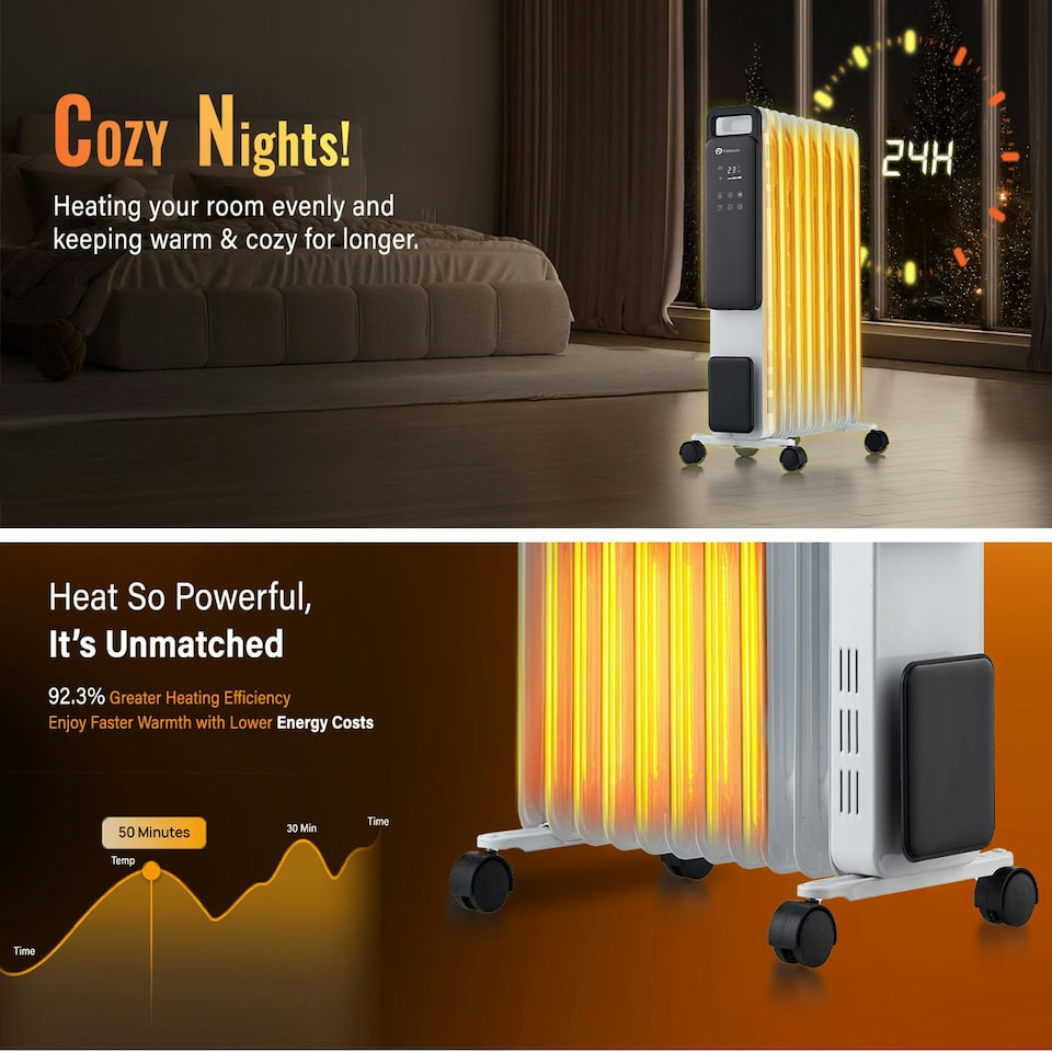 image 1 of PureMate 2500W Oil Filled Radiator, 11-Fin Portable Heater with Digital Thermostat, 24h Timer, ECO Mode & Touch Control