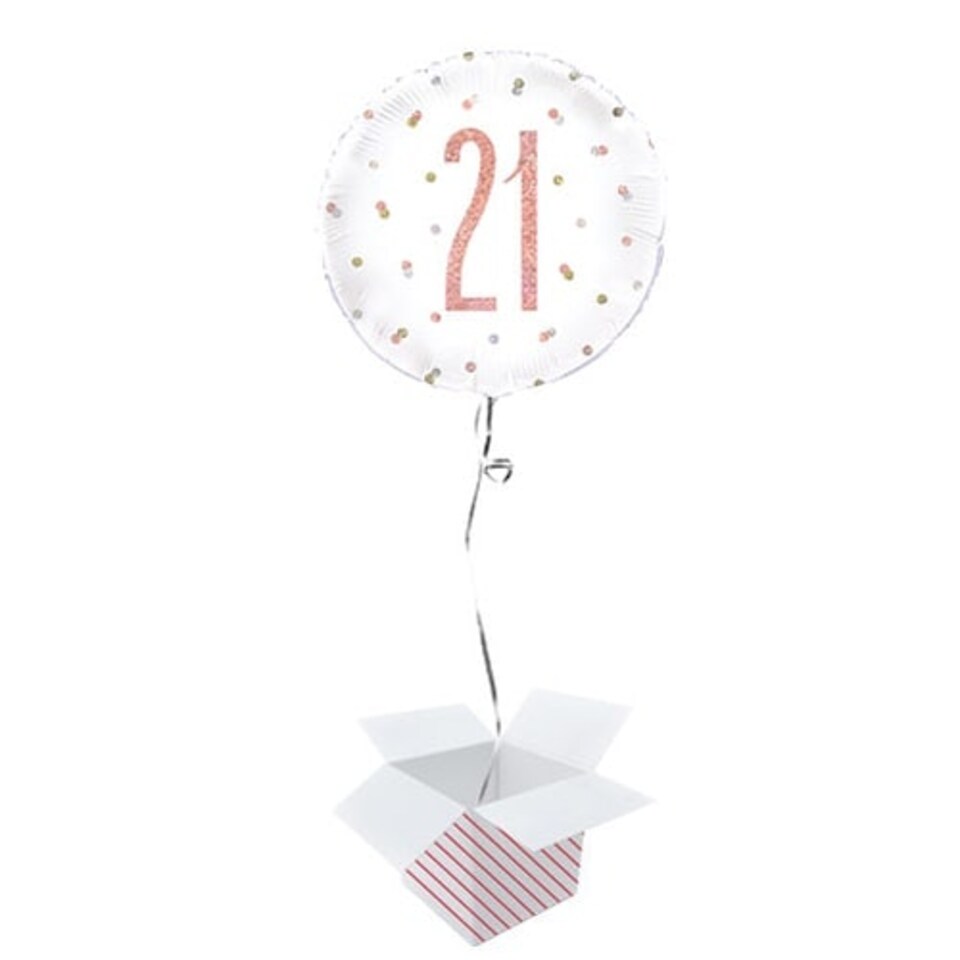 Rose Gold Glitz Age 21 Holographic Round Foil Helium Balloon - Inflated Balloon in a Box