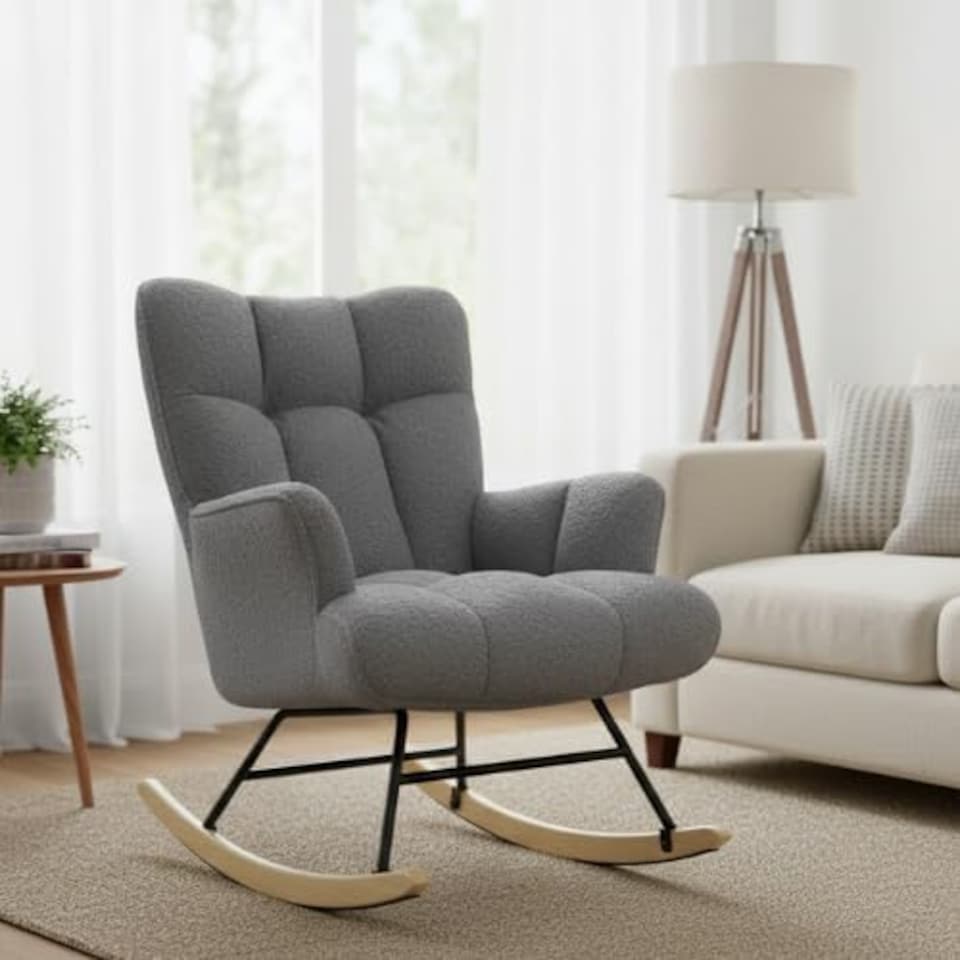 image 1 of Alivio Comfortable Teddy Rocking Arm Chair with High Backrest (Grey)