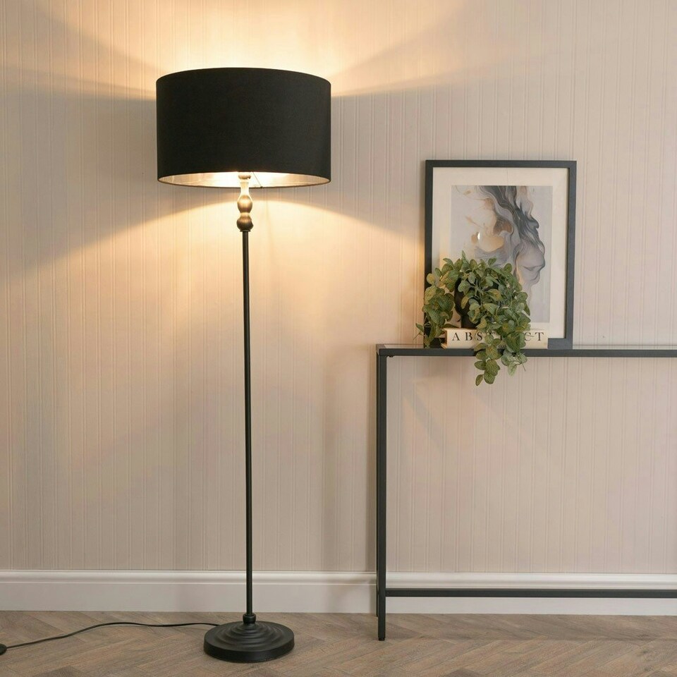 image 1 of ValueLights Maggie Black Candlestick Floor Lamp with Black with Chrome Inner Lamp Shade Black
