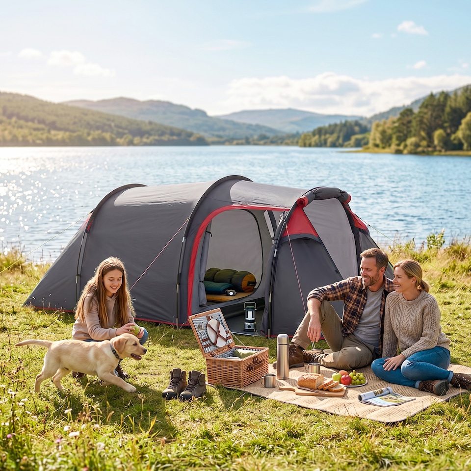 image 1 of Outsunny 2 Man Camping Tent with 2 Rooms Porch Vents Rainfly, Dark Grey