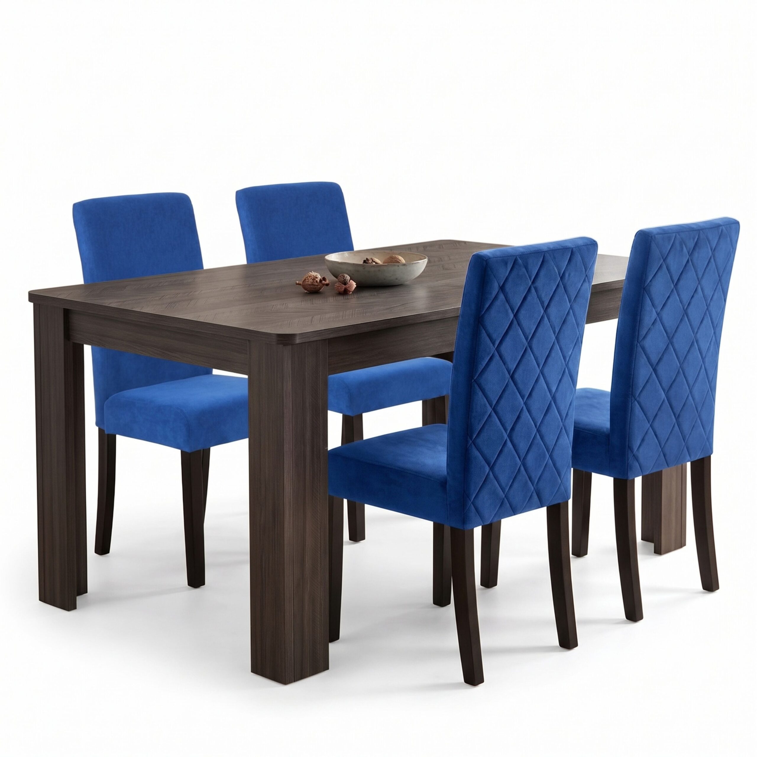 Arrow Charcoal Dining Table and 4 Blue Diamond Stitch Velvet Chairs with Wooden Legs 4 Seater Set