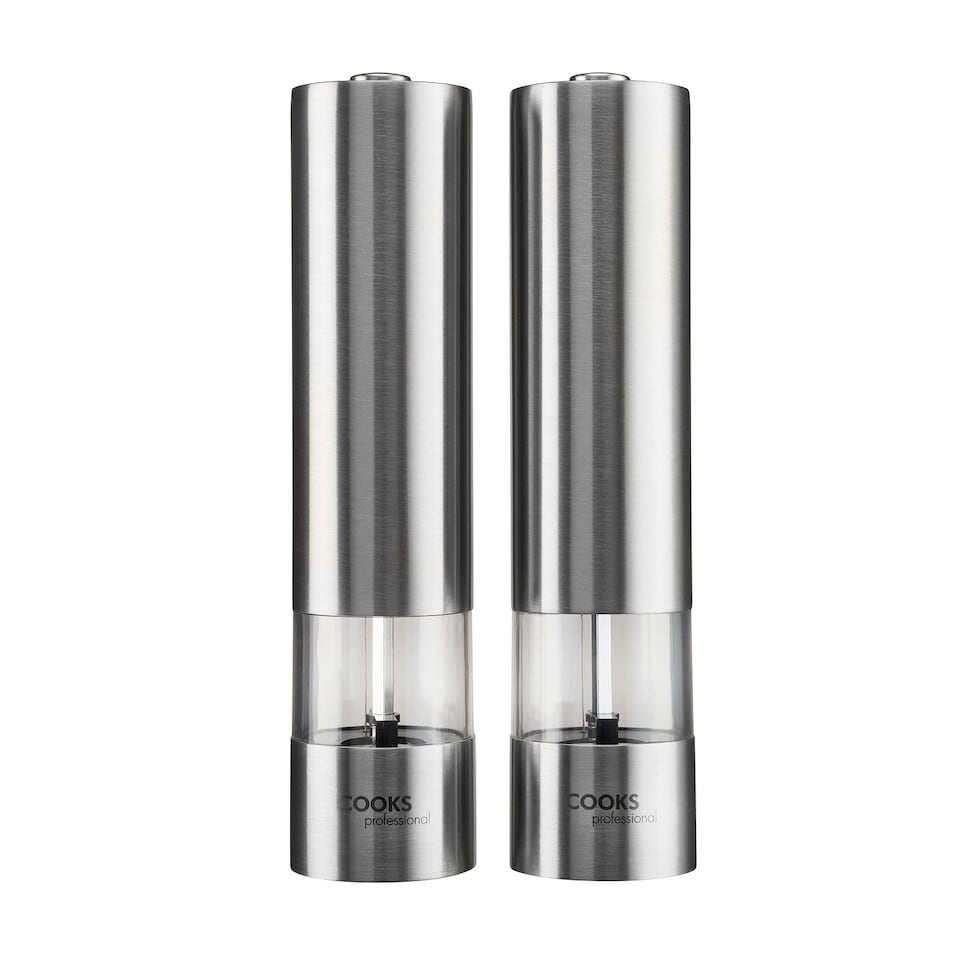 image 1 of Cooks Professional Electric Salt & Pepper Mill Set with Bamboo Base - Silver