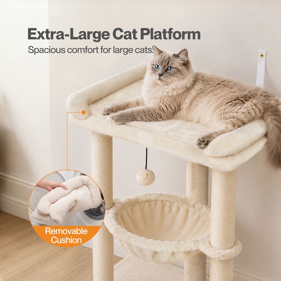 image 1 of Skylos Cat Tree Tower Bed with Hammock Ball Scratching Post Large Perch Beige