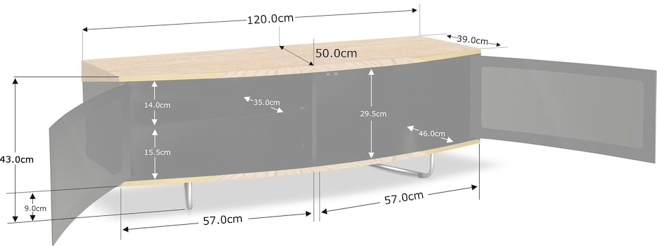 image 1 of Centurion Supports Caru Gloss Black and Oak Beam-Thru Remote Friendly Super-Contemporary "D" Shape Design 32"-65" LED/OLED/LCD TV Cabinet | Black | Oak | 1