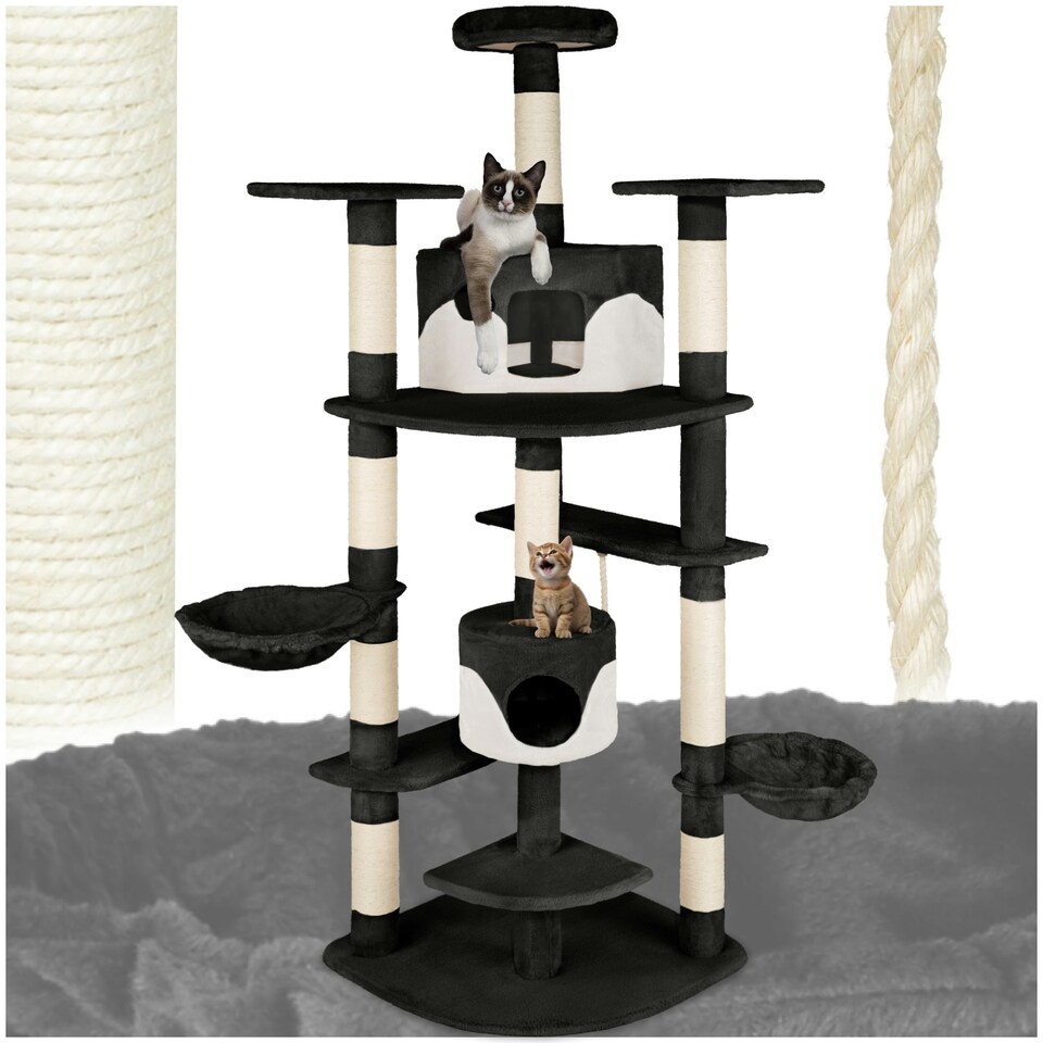 image 1 of Cat Tree Fippi - 201 cm tall, sisal cat scratching post, toy & anti-tip bracket - Black/White