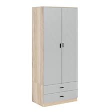 2-Door 2-Drawer Wardrobe with Storage Shelf, and Hanging Space - 180x75x46cm | Brown | Oak & Grey | 1