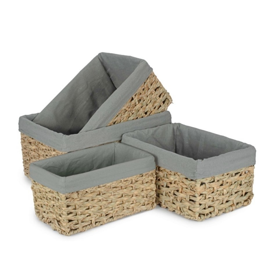 image 1 of Set of 4 Thatch Grass Woven Storage Basket with Grey Cotton Lining | Green | Green | Not provided