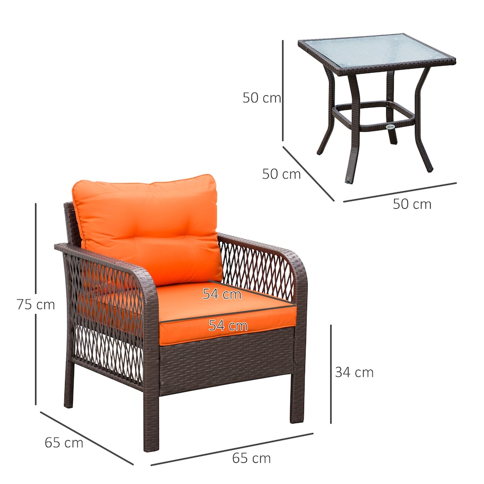 image 1 of Outsunny 3 Pieces Rattan Bistro Set with Tempered Glass Table Orange