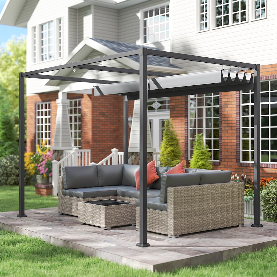 image 1 of Outsunny 3 x 2m Metal Outdoor Pergola with Retractable Roof, Outdoor Gazebo Canopy Shelter with Drainage Holes for Garden, Patio, Lawn, Grey