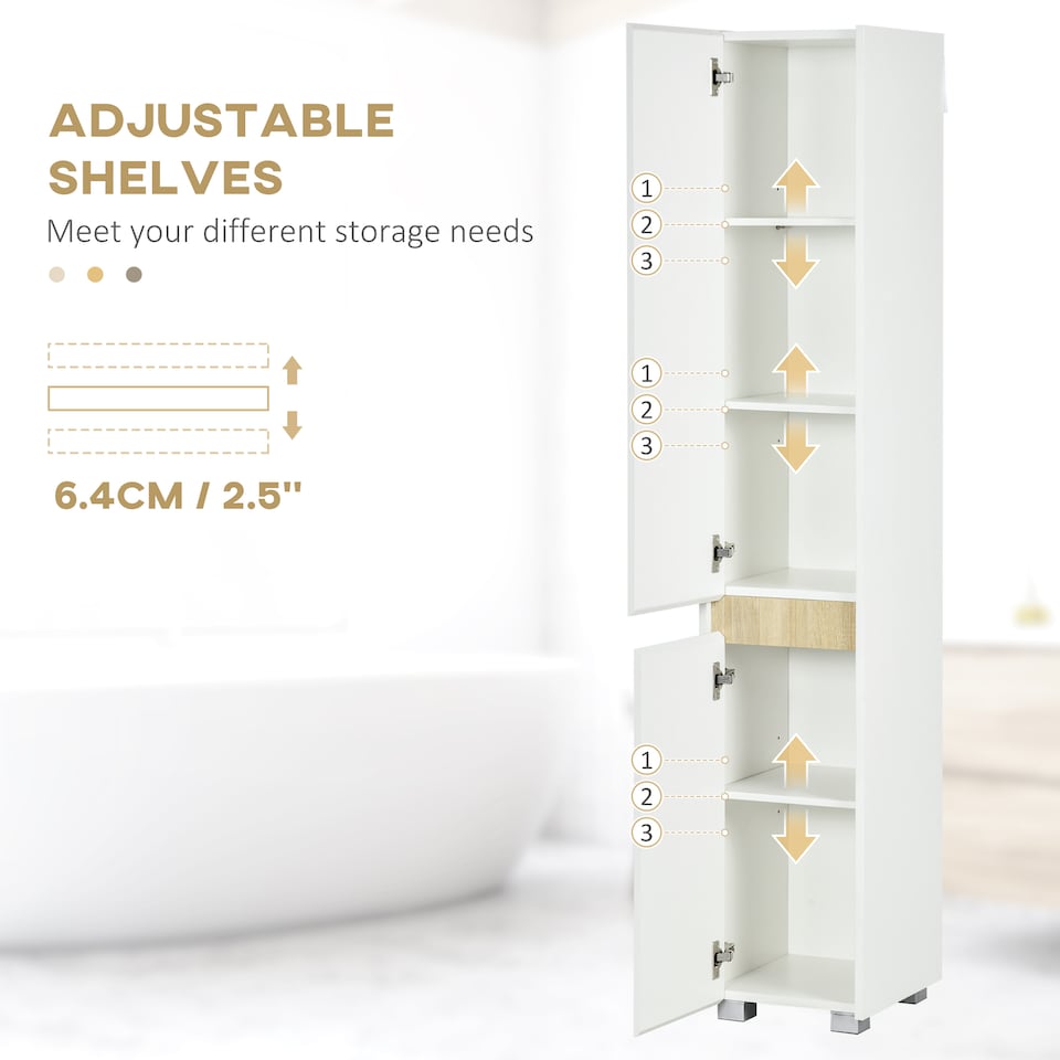 image 1 of kleankin Tall Bathroom Cabinet with Adjustable Shelves, 5-Tier Modern Freestanding Tallboy with Storage Cabinets, White