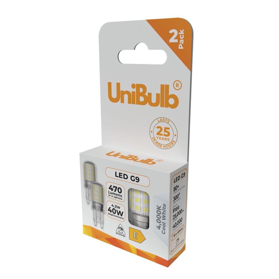 image 1 of UniBulb LED G9 470lm 4.2W (Replaces 40W) 4000K (Cool White) Capsule Light Bulb - Box of 2 | White | Cool White | 2