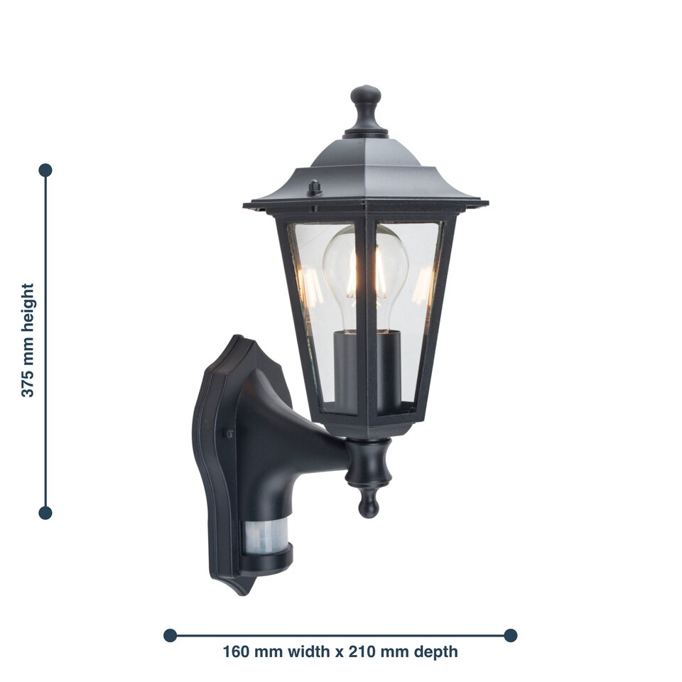 image 1 of Eversham - Black Six Sided Lantern Motion Sensor Outdoor Light | Black | Clear | 1