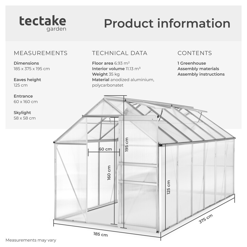 image 1 of Aluminium greenhouse, UV-resistant, 185x375x195cm