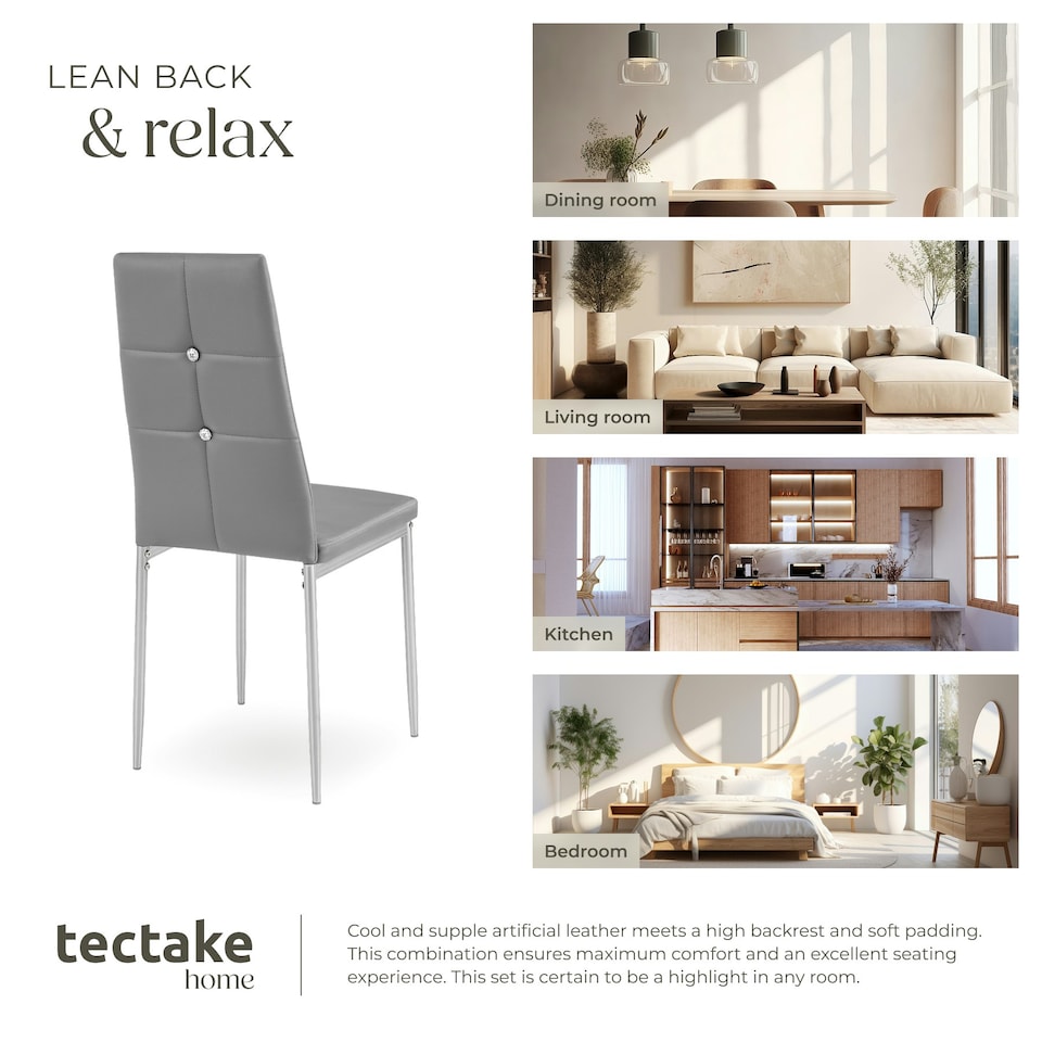 image 1 of Dining Chair Set - high backrest, slim steel legs & rhinestone highlights - Set of 8 Grey