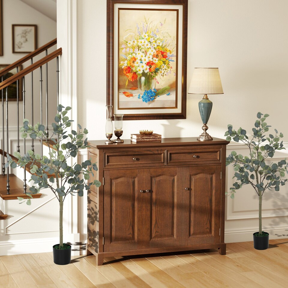 image 1 of HOMCOM Set of 2 Decorative Artificial Tree, 4ft 120cm Silk Eucalyptus Trees with 230 Silver Dollar Leaves in Pot, Fake Plants for Home, Office, Living Room, Indoor Decor | Green