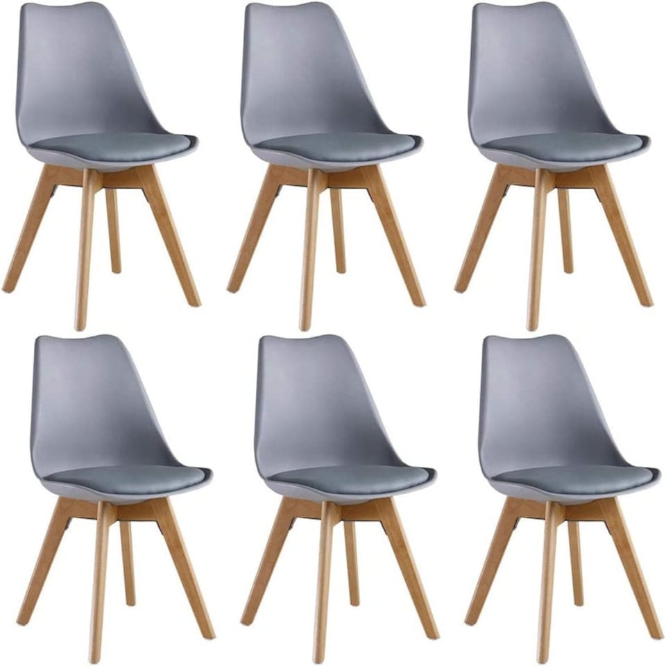 image 1 of Set of 6 Scandinavian Dining Chairs with Leather Cushions Solid Wood Legs Grey