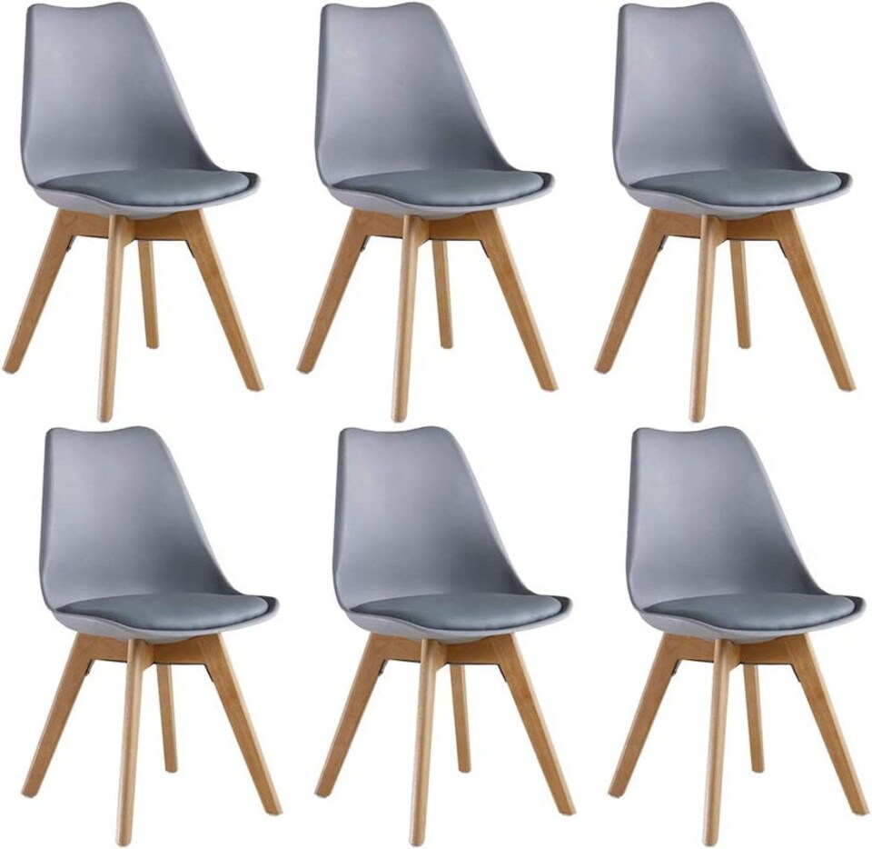 image 1 of Set of 6 Scandinavian Dining Chairs with Leather Cushions Solid Wood Legs | Grey