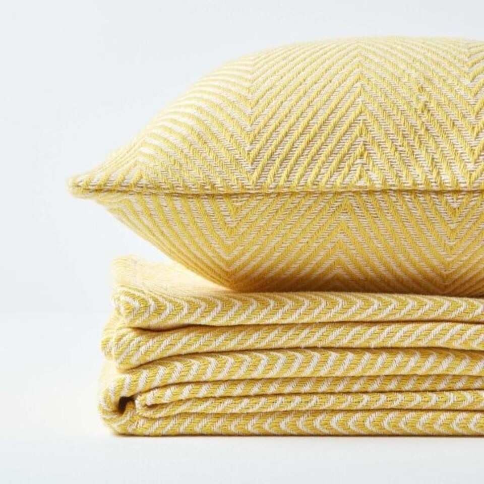 image 1 of Homescapes Cotton Halden Chevron Yellow Throw - 225 x 255 cm | Multi