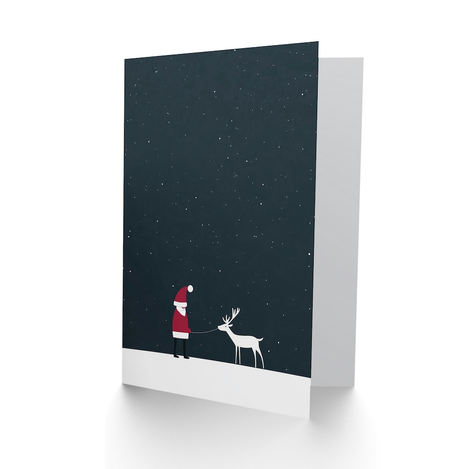 image 1 of Greeting Card Santa Claus With White Reindeer in Snow Modern Blank For Him Or Her Art Xmas Christmas Card