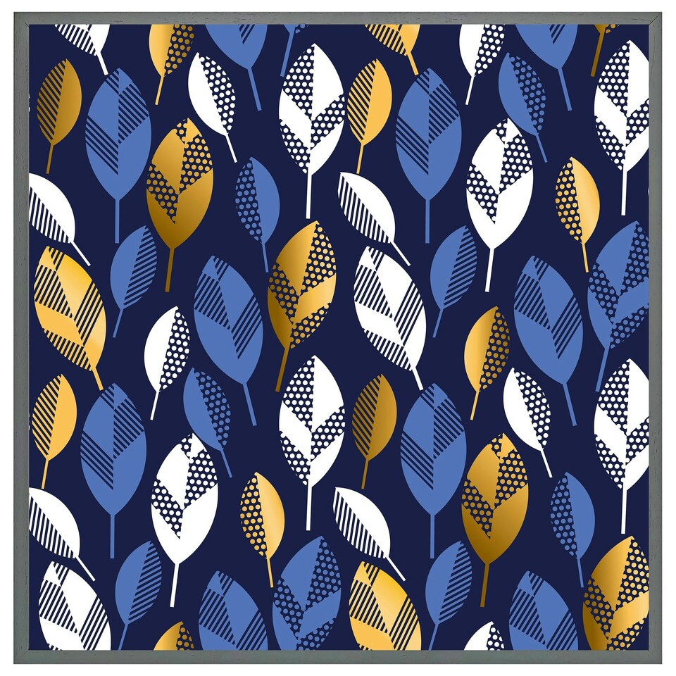 image 1 of White, blue & gold leaves on navy background (Picutre Frame) Grey | L