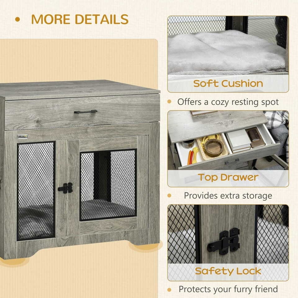 image 1 of PawHut Modern Pet Crate End Table w/ Double Doors, Drawer, for Medium Dogs