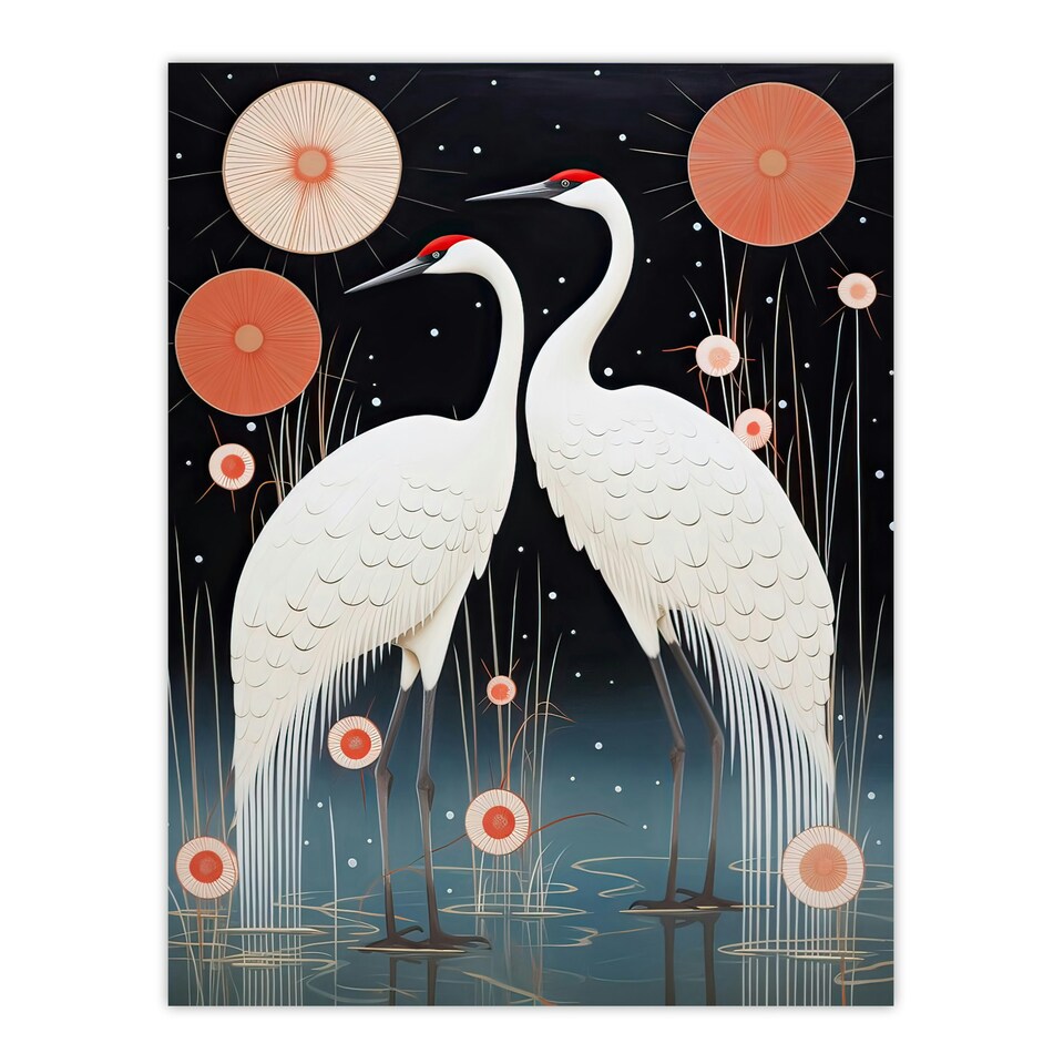 image 1 of Japanese Cranes Oil Floral Pink White Birds Black Framed Wall Art Print A4