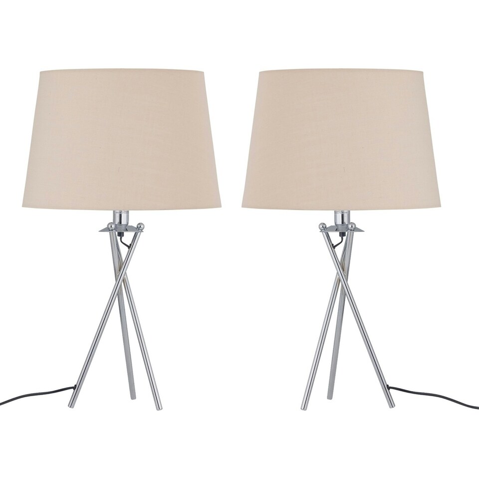 image 1 of First Choice Lighting Set of 2 Tripod Table Lamps with Natural Cotton Fabric Shades Chrome | Brown