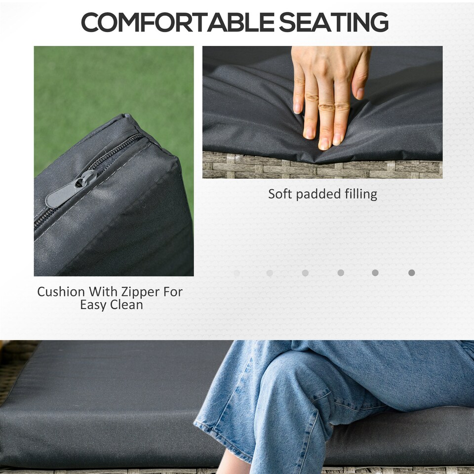 image 1 of Outsunny 2 Seat Rattan Garden Bench, Patio Wicker Chair with Glass Tea Table, Outdoor Love Seat with Padded Cushions, for Garden, Porch, Mixed Grey/Grey