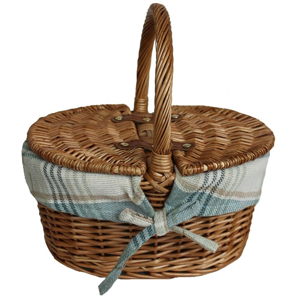 image 1 of Light Steamed Finish Check Oval Wicker Basket with Lining | Blue | Blue and White Checked | One Size