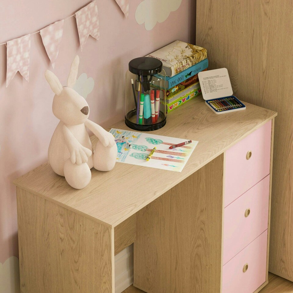 image 1 of Junior Vida Neptune 3 Drawer Desk Computer Desk Home Workstation, Pink & Oak