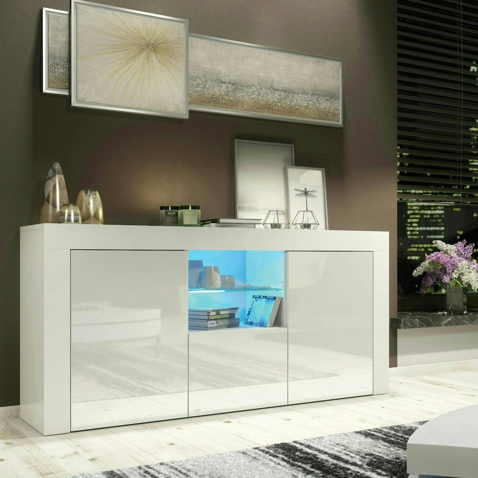 image 1 of White TV Unit 145cm Gloss Doors Free LED Modern Media Cabinet | White | One Size | 1