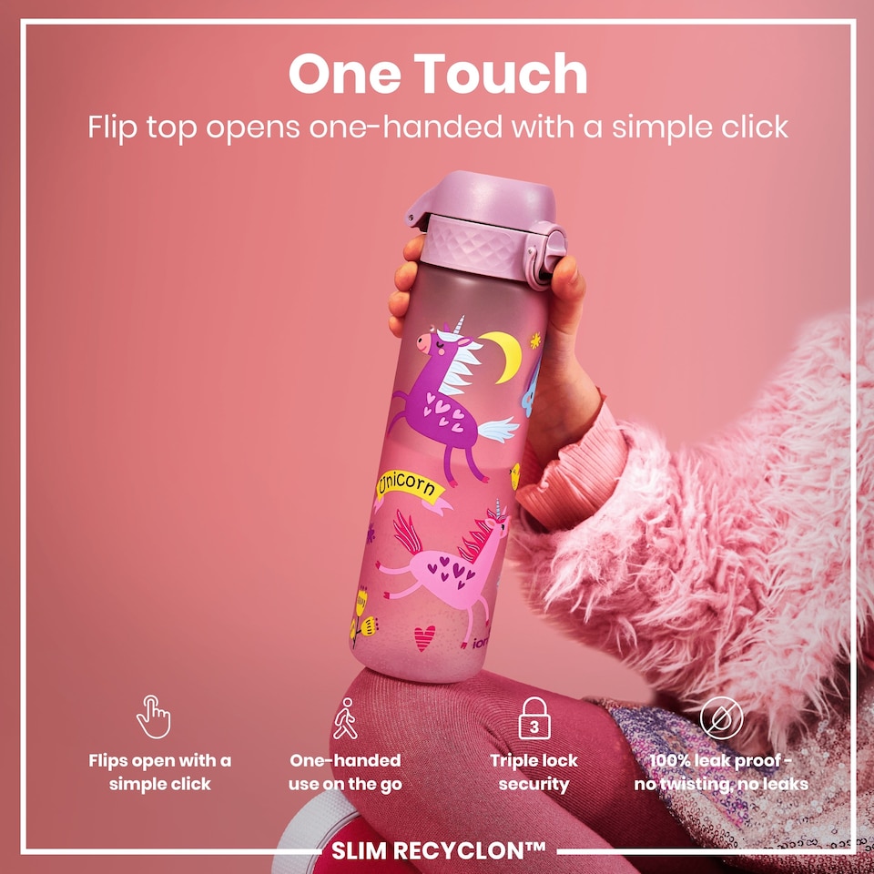 image 1 of Leak Proof Slim Water Bottle, BPA Free, 500ml (18oz) | Pink | Unicorns | One Size