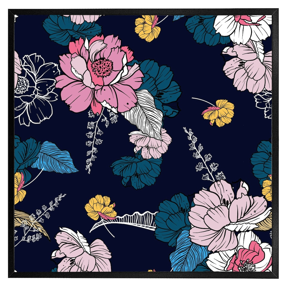 image 1 of Pink flowers on navy (Picture Frame) Grey | S