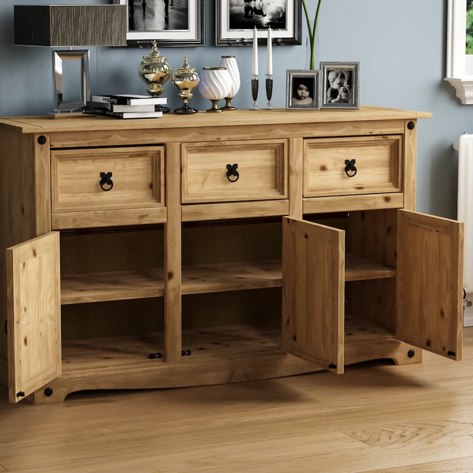 image 1 of Vida Designs Corona 3 Door 3 Drawer Sideboard Buffet Cabinet, Solid Pine Wood
