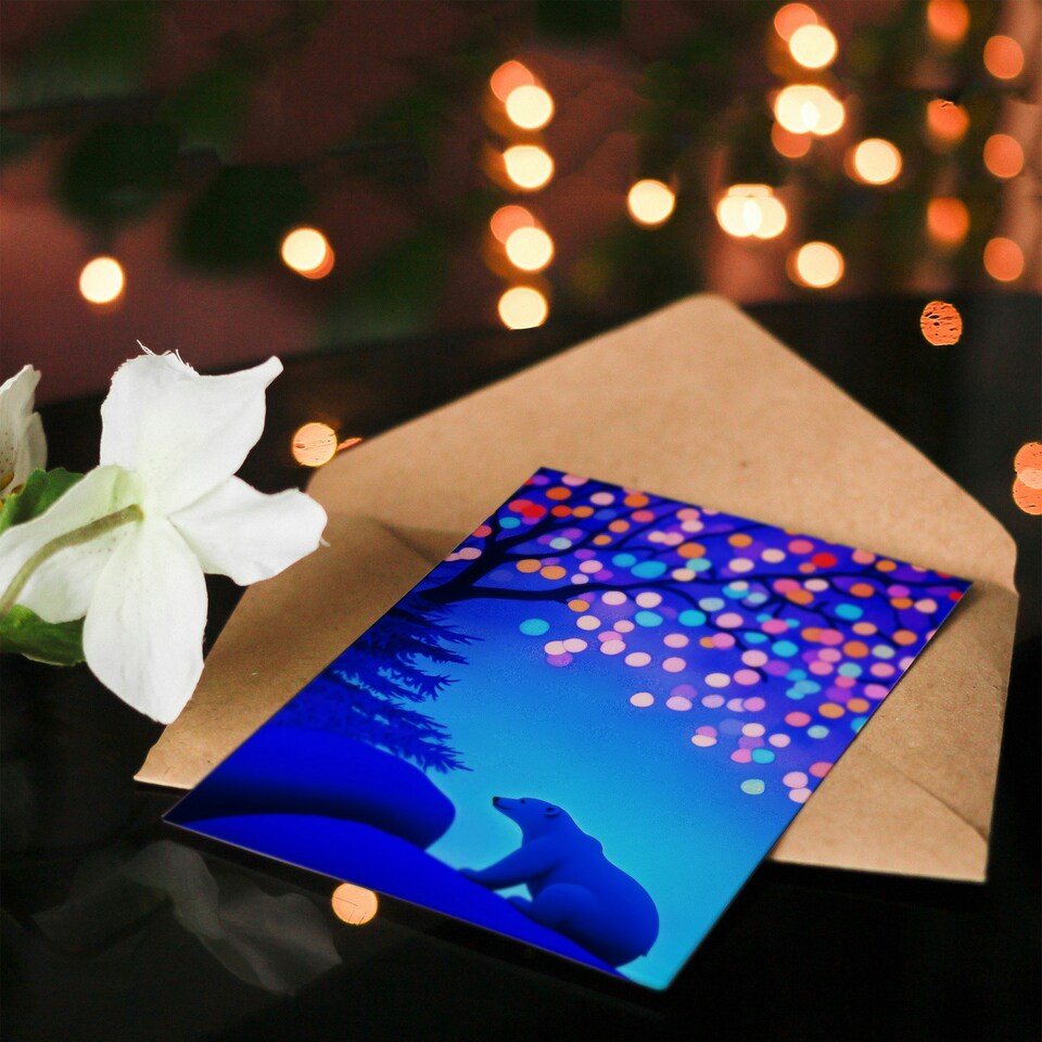 image 1 of Greeting Card Polar Bear Colourful Fairy Lights Tree at Night Blank For Him Or Her Art Xmas Christmas Card
