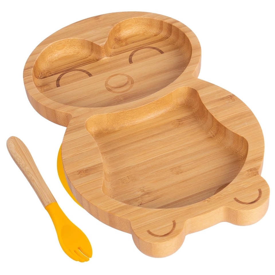 image 1 of Tiny Dining Bamboo Weaning Plate & Fork Set - Penguin/Yellow - Divided Non-Slip Bamboo Baby Self-Feeding Weaning Plate & Cutlery