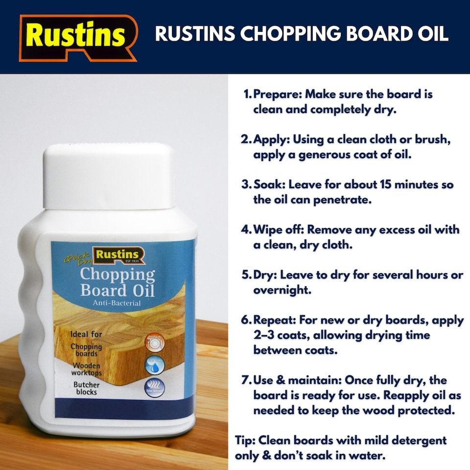 image 1 of Rustins Chopping Board Oil Clear Quick Dry Antibacterial Food Safe 250ml